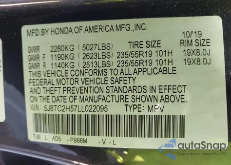 2020 Acura Rdx Technology Package z USA, uszkodzony, nr VIN 5J8TC2H57LL022095